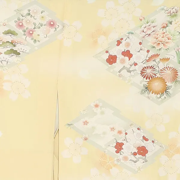 【Sサイズ】訪問着レンタル/華徒然 黄色 松皮菱に四季花 Z397（65）