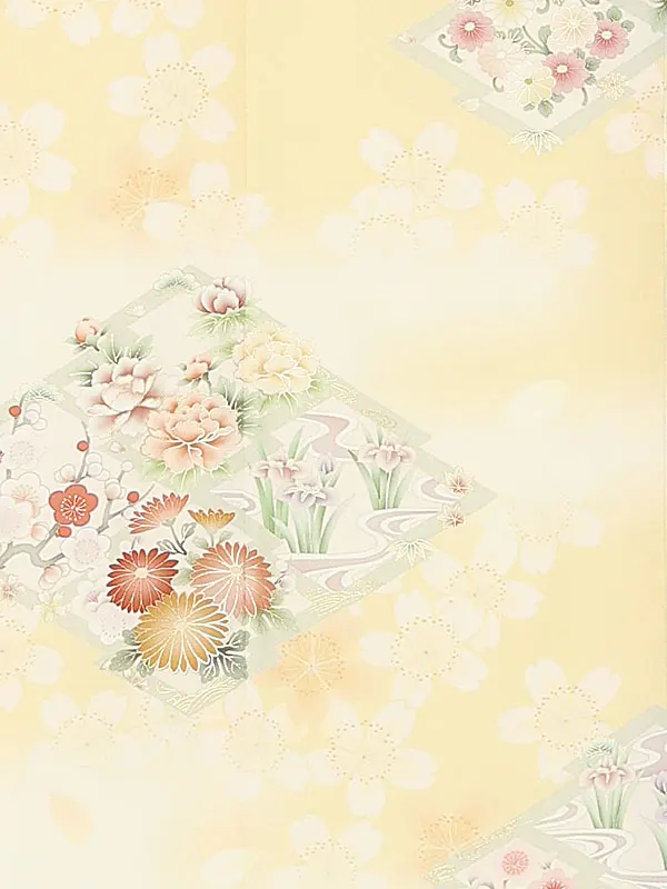 【Sサイズ】訪問着レンタル/華徒然 黄色 松皮菱に四季花 Z397（65）