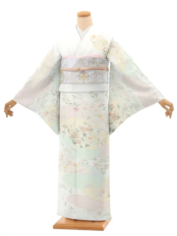 【単衣】夏訪問着レンタル／白 四季花雲どり Z406