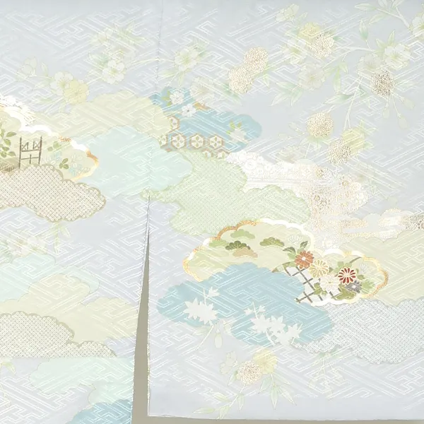【単衣】夏訪問着レンタル／グレー 雲どりに四季花 Z412