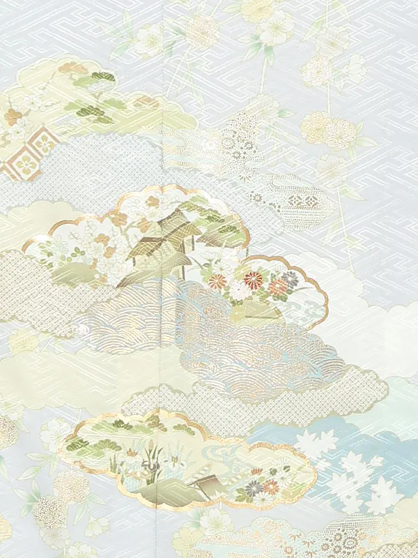 【単衣】夏訪問着レンタル／グレー 雲どりに四季花 Z412