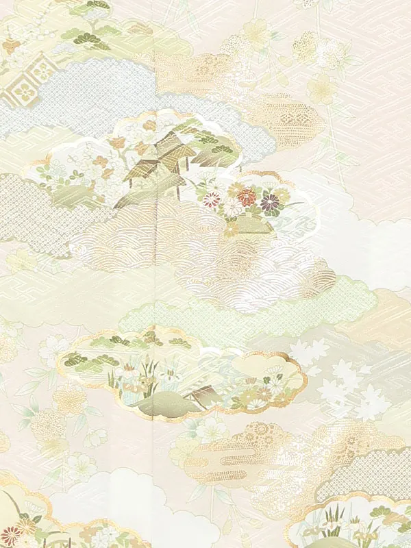 【単衣】夏訪問着レンタル／薄ピンク 雲どりに四季花 Z414