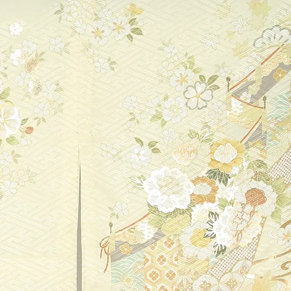 【単衣】夏訪問着レンタル／薄黄色 雲どりに四季花 Z415
