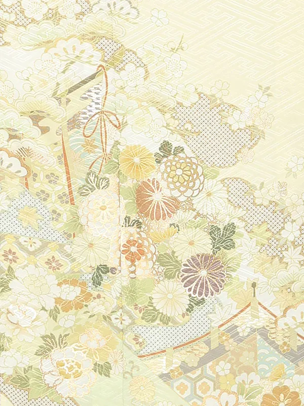 【単衣】夏訪問着レンタル／薄黄色 雲どりに四季花 Z415