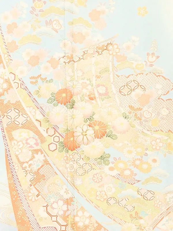 【正絹】訪問着レンタル/水色 熨斗に四季花 Z423
