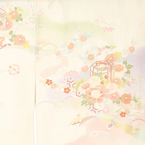 【正絹】訪問着レンタル/ベージュ 貝桶に四季花 Z435