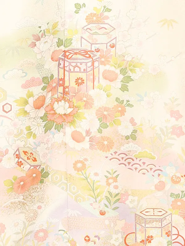 【正絹】訪問着レンタル/ベージュ 貝桶に四季花 Z435