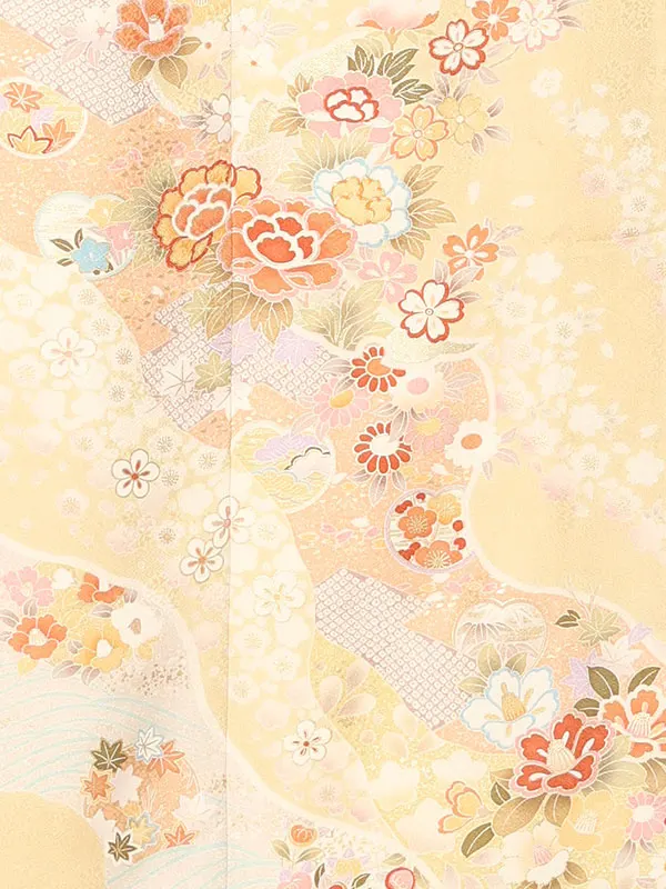 【正絹】訪問着レンタル/黄色 四季花 Z436