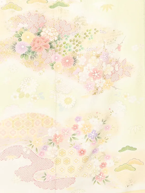 【正絹】訪問着レンタル/黄緑 四季花 Z452