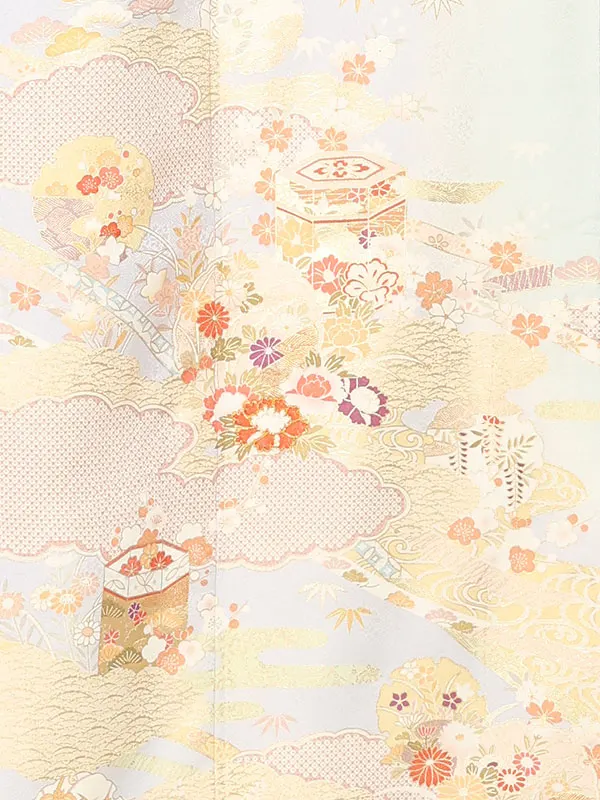 【正絹】訪問着レンタル/水色 貝桶に四季花 Z472