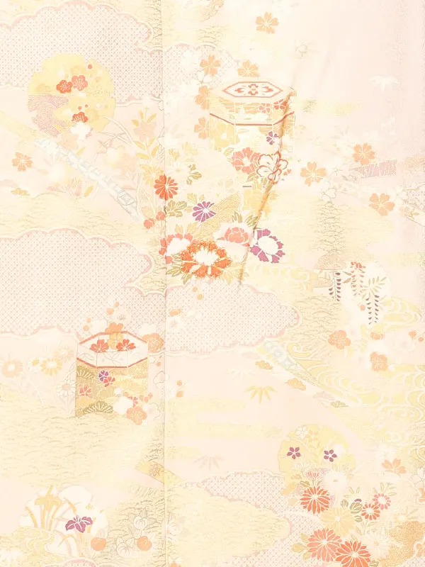 【正絹】訪問着レンタル/ベージュ 貝桶に四季花 Z476