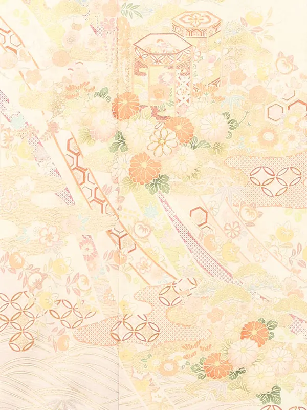 【正絹】訪問着レンタル/ベージュ 貝桶に四季花 Z484
