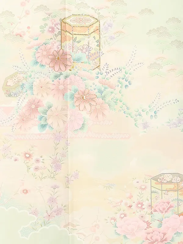 【トールサイズ】訪問着レンタル/薄緑 貝桶に四季花 Z486（72）