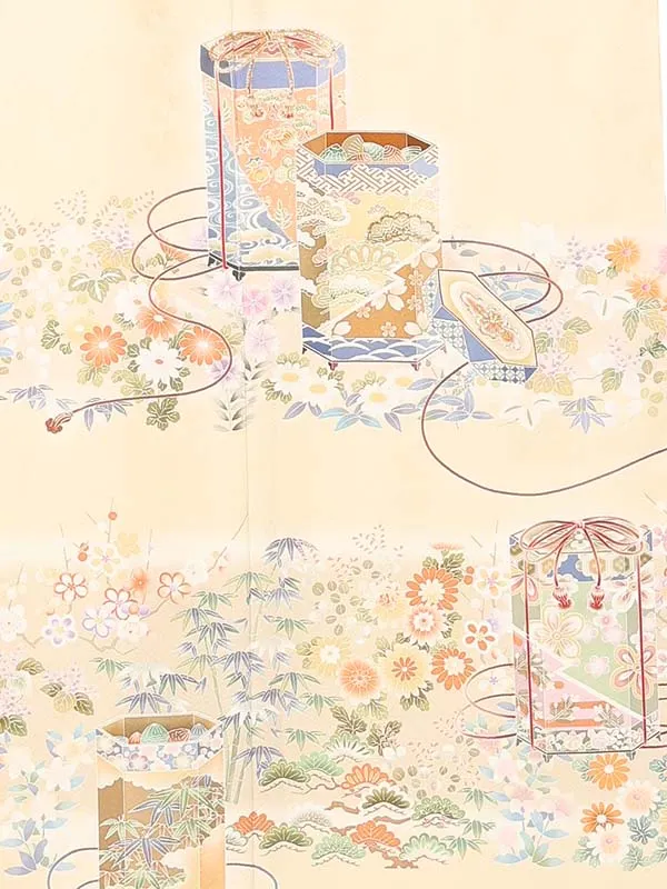 【正絹】訪問着レンタル/ベージュ 貝桶に四季花 Z497