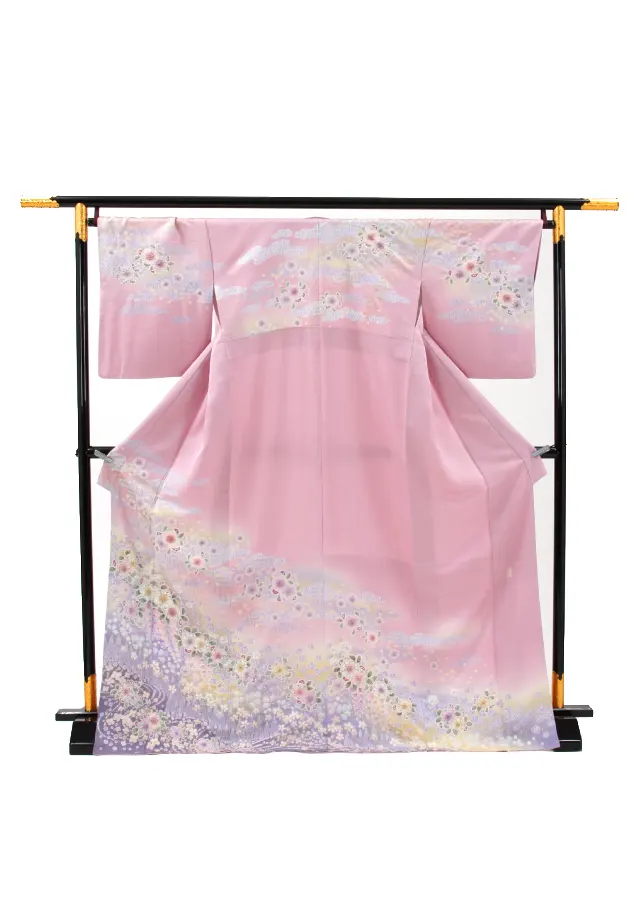 【正絹】先生,教員向け 訪問着袴 ピンク 辻が花/紺袴 0121