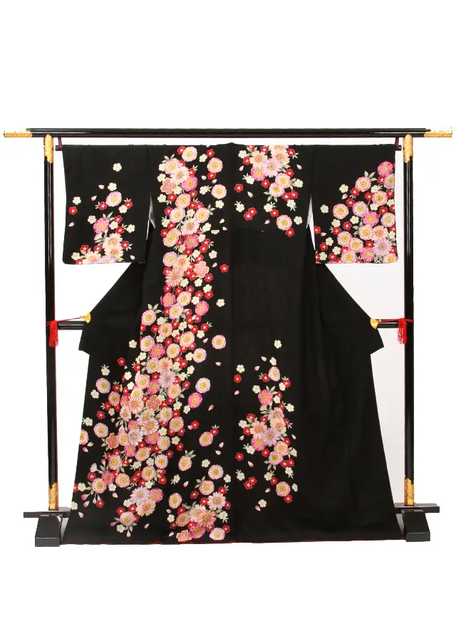 【正絹】先生,教員向け 訪問着袴 黒 菊に八重桜/紺袴 0558