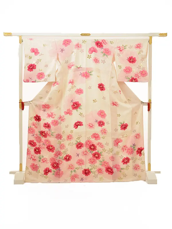 【正絹】卒業式女性袴 訪問着袴 白 八重桜/紺袴 0690 (70)