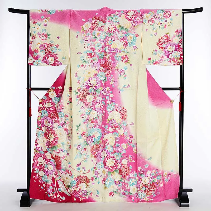 【正絹】卒業式女性袴 訪問着袴 黄色 四季花/紺袴 0768