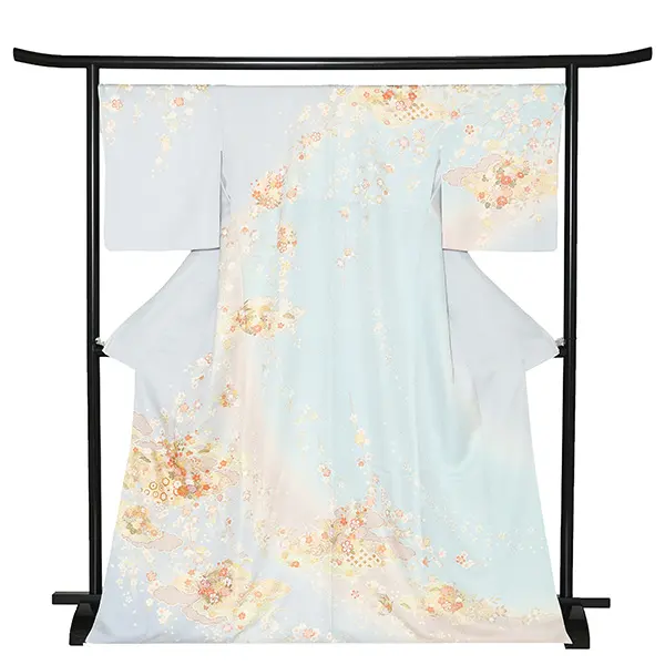 【正絹】先生,教員向け 訪問着袴 水色／ベージュ袴 W257