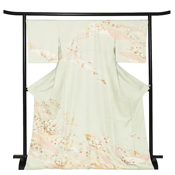 【正絹】先生,教員向け 訪問着袴 緑／紺袴 W327