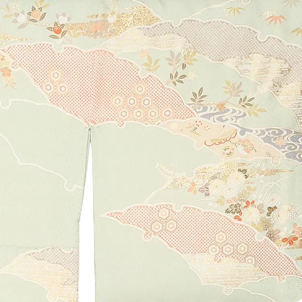 【正絹】先生,教員向け 訪問着袴 緑／紺袴 W327