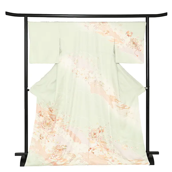 【正絹】先生,教員向け 訪問着袴 緑／紺袴 W345