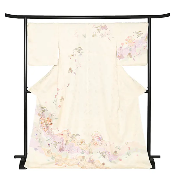 【正絹】先生,教員向け 訪問着袴 ベージュ／紺袴 W361