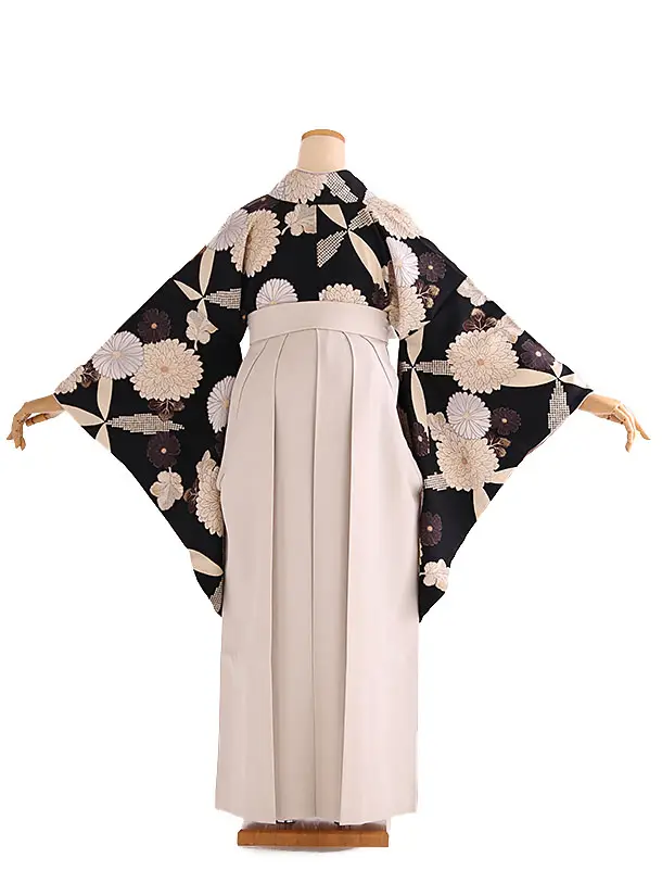 卒業式女性袴 黒 菊×ベージュ刺繍袴 Z562(68)☆