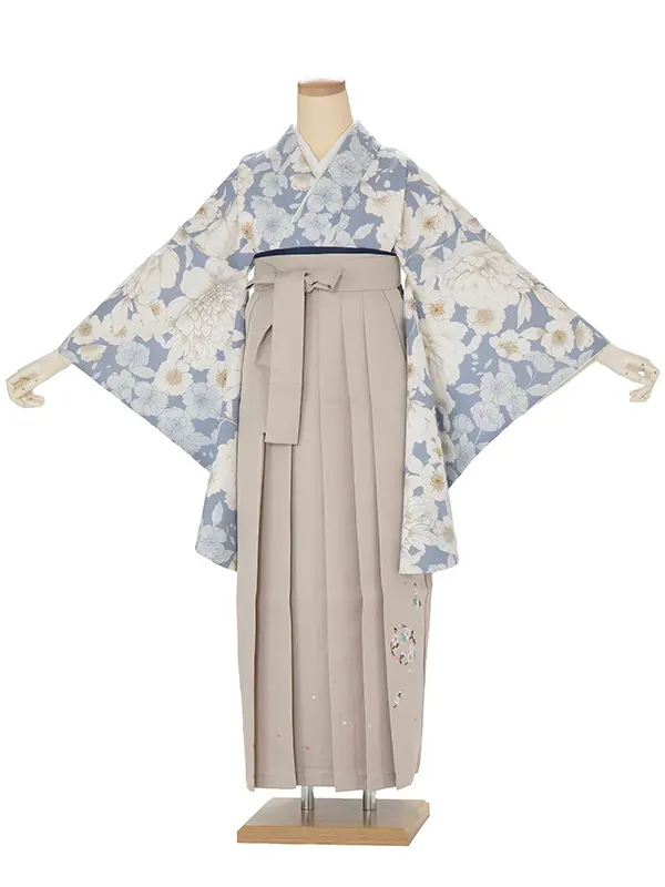 卒業式女性袴 青 桜牡丹/ベージュ刺繍袴 Z908 (68)☆