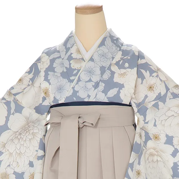 卒業式女性袴 青 桜牡丹/ベージュ刺繍袴 Z908 (68)☆