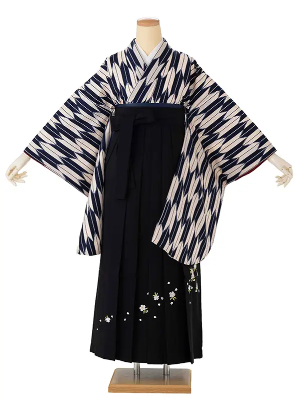 卒業式女性袴 ベージュ×紺矢絣/黒桜刺繍袴 Z978 (67)