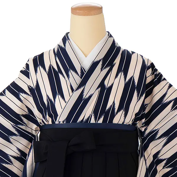 卒業式女性袴 ベージュ×紺矢絣/黒桜刺繍袴 Z978 (67)