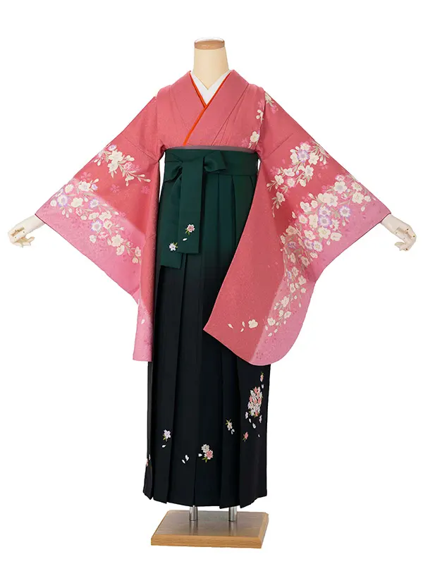 卒業式女性袴 ピンク四季花/緑刺繍袴 Z988 (70)