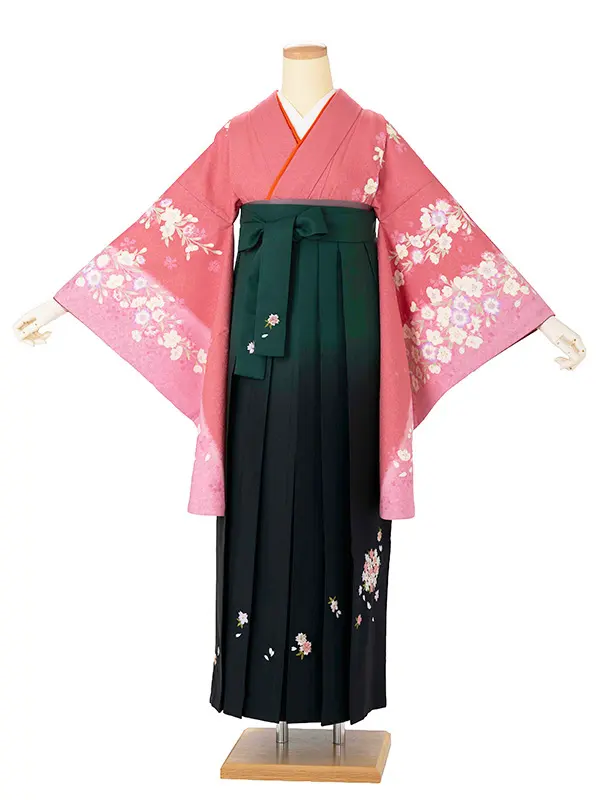卒業式女性袴 ピンク四季花/緑刺繍袴 Z988 (70)