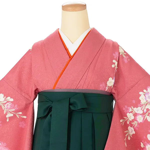 卒業式女性袴 ピンク四季花/緑刺繍袴 Z988 (70)
