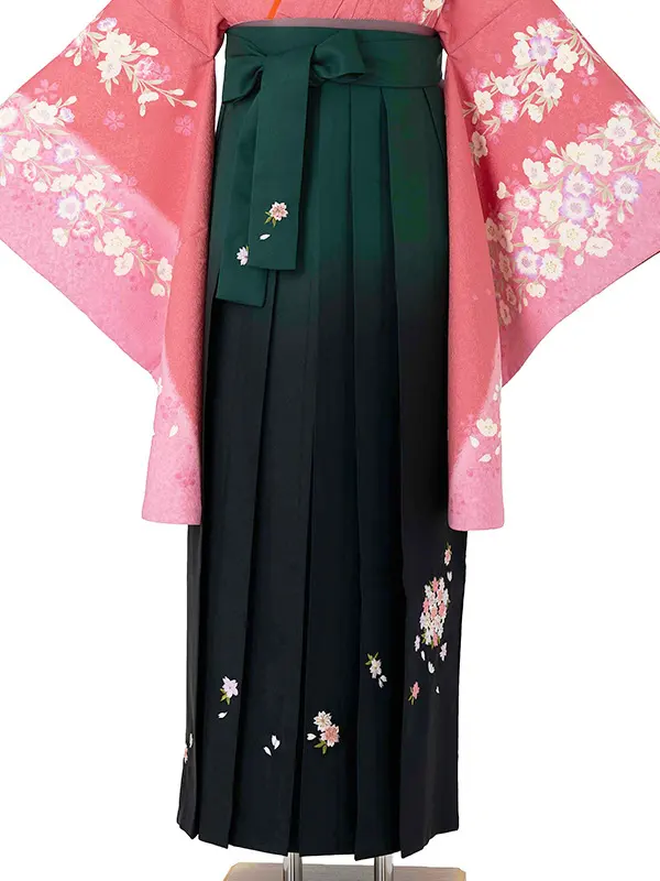 卒業式女性袴 ピンク四季花/緑刺繍袴 Z988 (70)
