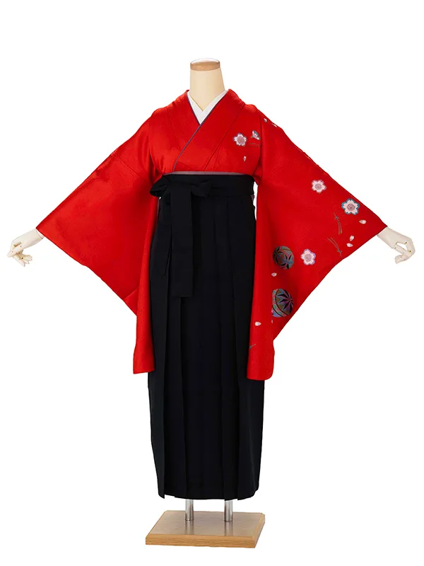 卒業式女性袴 桜 赤/黒無地袴 Z998 (67)