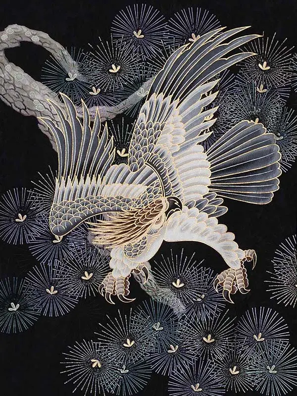 【正絹】お宮参り レンタル 男の子産着 ／黒 鷹 松 Z024