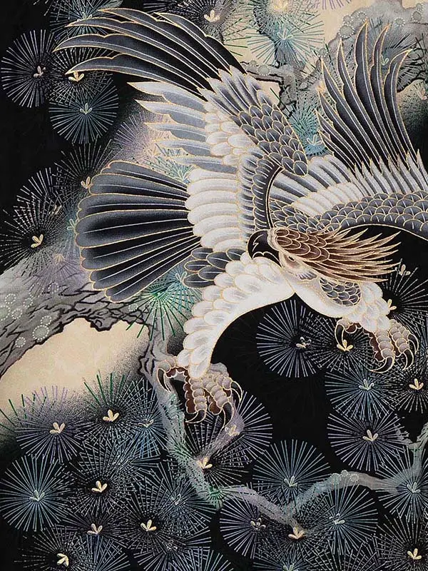 【正絹】お宮参り レンタル 男の子産着 ／黒 鷹 松 Z024