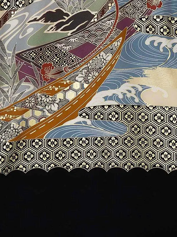 【正絹】お宮参り レンタル 男の子産着 ／黒 兜と波 源氏車 Z026