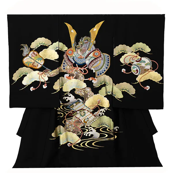 【正絹】お宮参り男の子 産着レンタル／黒 兜刺繍　金彩　螺鈿 Z255