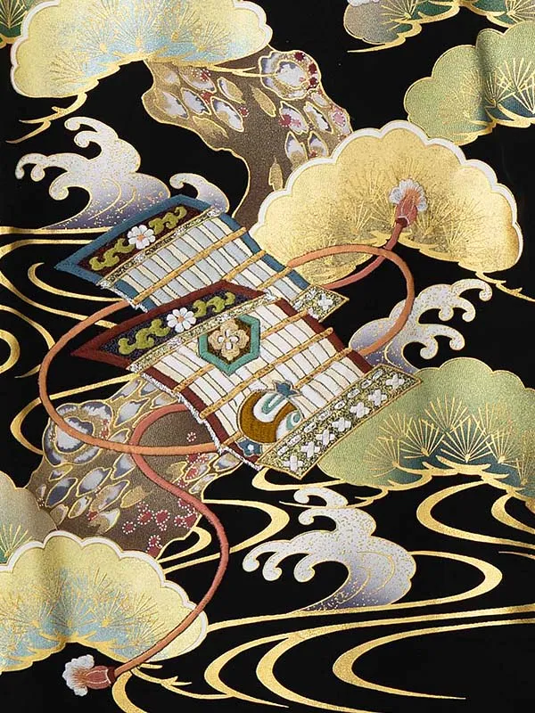 【正絹】お宮参り男の子 産着レンタル／黒 兜刺繍　金彩　螺鈿 Z255