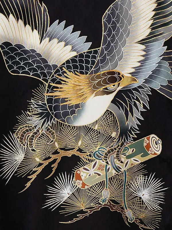 【正絹】お宮参り男の子 産着レンタル／黒 金彩松に鷹軍配 Z259