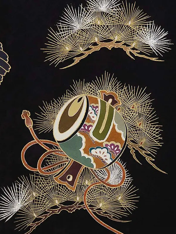 【正絹】お宮参り男の子 産着レンタル／黒 金彩松に鷹軍配 Z259