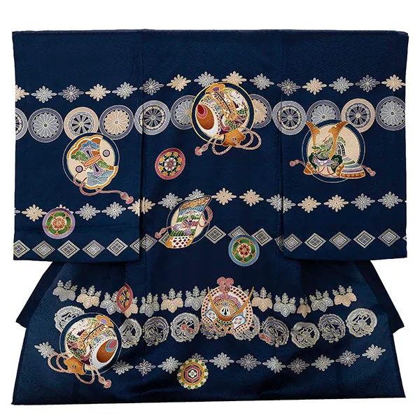 【夏用 正絹の単衣】お宮参り男の子 産着レンタル／紺 小槌　兜  Z261