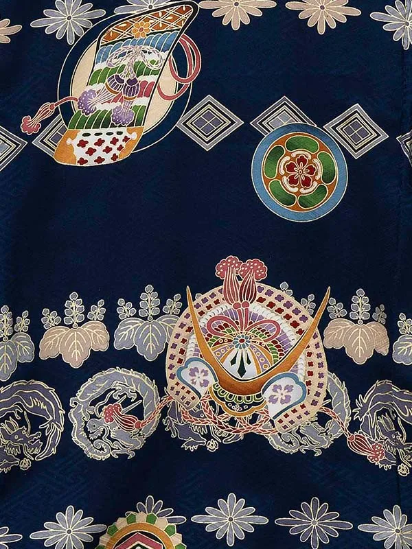 【夏用 正絹の単衣】お宮参り男の子 産着レンタル／紺 小槌　兜  Z261