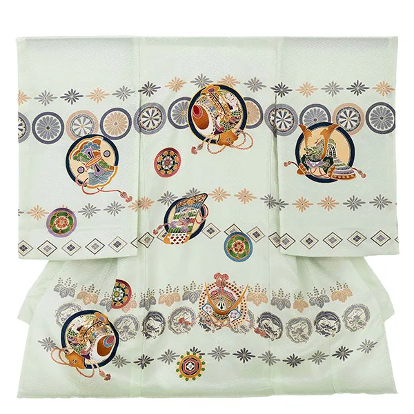 【夏用 正絹の単衣】お宮参り男の子 産着レンタル／緑 兜　小槌  Z262