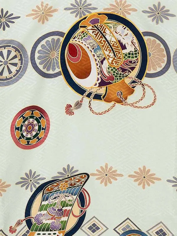 【夏用 正絹の単衣】お宮参り男の子 産着レンタル／緑 兜　小槌  Z262