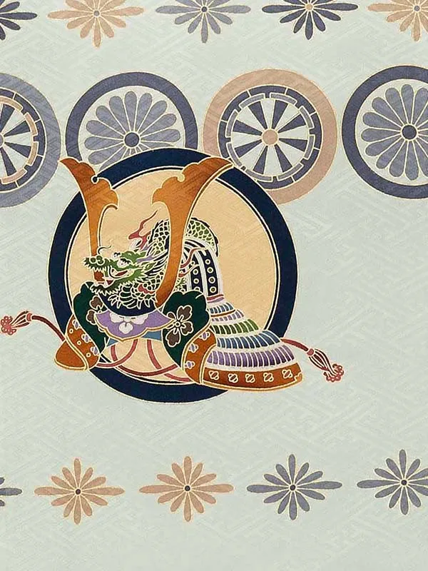 【夏用 正絹の単衣】お宮参り男の子 産着レンタル／緑 兜　小槌  Z262