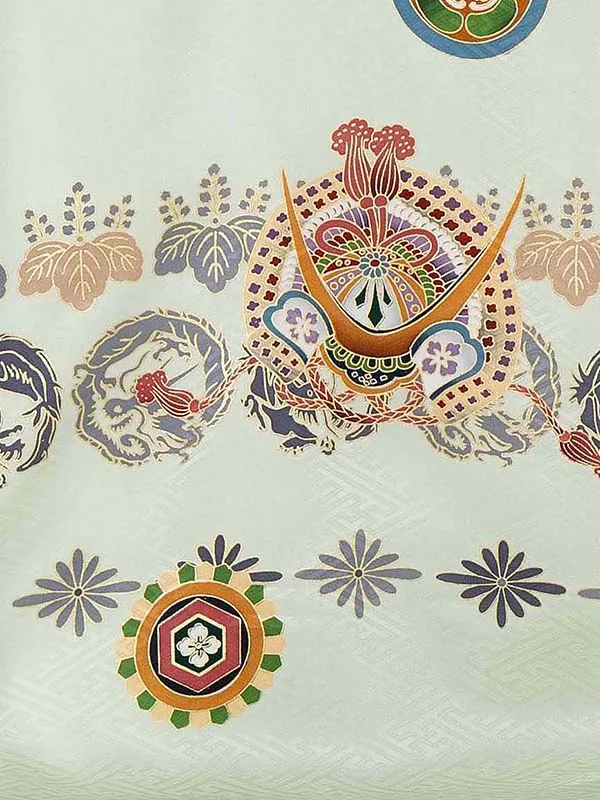 【夏用 正絹の単衣】お宮参り男の子 産着レンタル／緑 兜　小槌  Z262